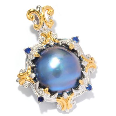 J311236 - Sterling Silver/Palladium/ 18K Vermeil Saltwater Cultured Mabe Pearl & Blue Sapphire Enhancer