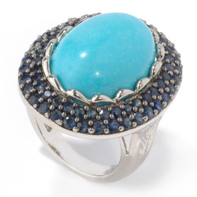 Sterling Silver / Platinum Turquoise & Blue Sapphire Ring
