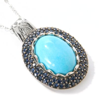 Sterling Silver / Platinum Turquoise & Blue Sapphire Pendant w/ 18" Chain