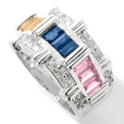 Sterling Silver / Platinum Multi-Color Sapphire & White Zircon Ring