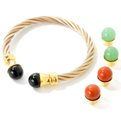 Stainless Steel / 18K 7.25" Interchangeable Gemstone Cable Cuff Bracelet