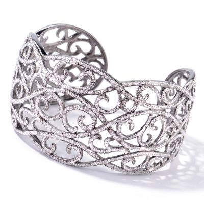 Sterling Silver / Platinum 7" Diamond Pave Filigree Wide Cuff Bracelet