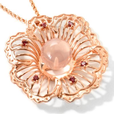 Sterling Silver / 18K Rose Vermeil Rose Quartz Flower Pendant w/ Chain