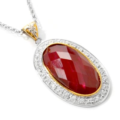 J311715 - Sterling Silver / Platinum & 18K Vermeil Opaque Ruby Pendant w/ Chain
