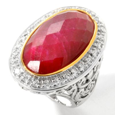 J311717 - Sterling Silver / Platinum & 18K Vermeil Opaque Ruby & White Zircon Ring