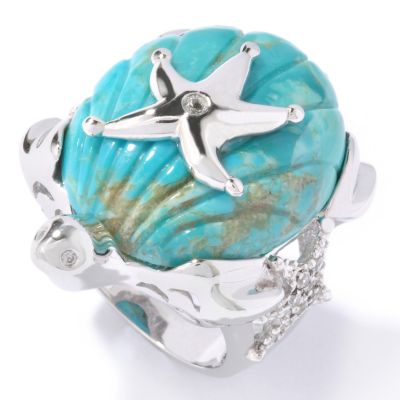 J311725 -  Sterling Silver / Platinum Turquoise & White Zircon Turtle & Starfish Ring