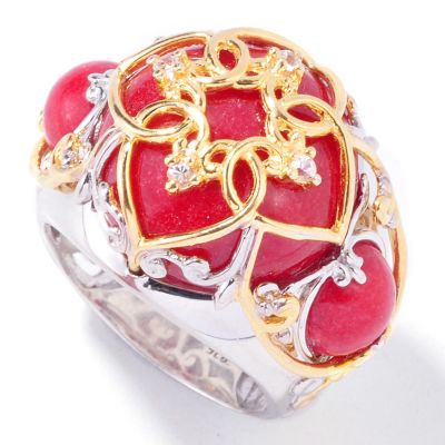 Sterling Silver/Palladium / 18K Vermeil Red or Green Jade Three-Stone Ring. GREEN JADE, RED JADE