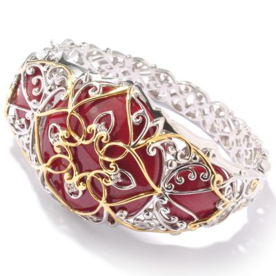 J311761 - Sterling Silver / Palladium / 18K Vermeil 7.5" Red Jade Bangle Bracelet