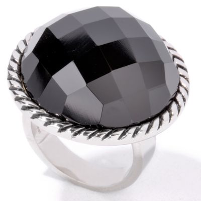 Stainless Steel Round Cut Black Onyx Rope Edge Ring