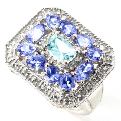 J311821 -  Sterling Silver / Platinum Aquamarine, Tanzanite & Diamond Ring