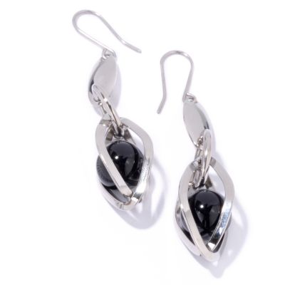 J311831 - Stainless Steel Black Onyx Caged Drop Earrings