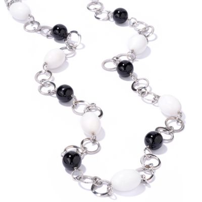 Stainless Steel 32" Black Onyx & White Quartzite Station Necklace