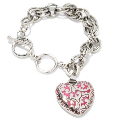 J311845 - Stainless Steel 7.5" Pink or Black Enamel Heart Chain Link Bracelet