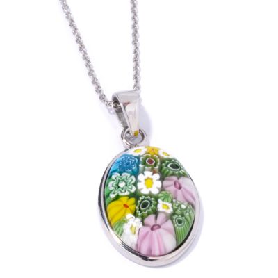 Stainless Steel Multi-Color Floral Murano Glass Cabochon Pendant w/ Chain