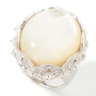 Sterling Silver / Platinum White Mother of Pearl Cabochon Floral Ring