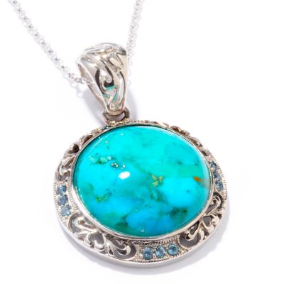 Sterling Silver / Platinum Stabilized Turquoise & Topaz Pendant w/ Chain