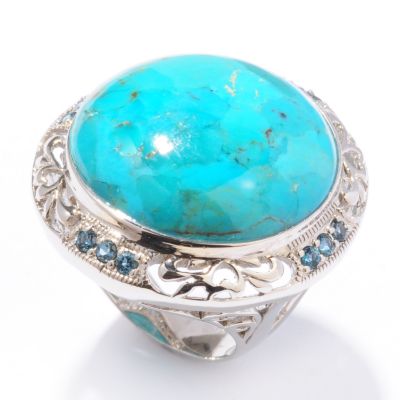 Sterling Silver / Platinum Round Stabilized Turquoise & Topaz Ring