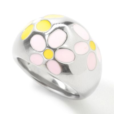 Stainless Steel Pink & Yellow Enamel Flower Domed Ring