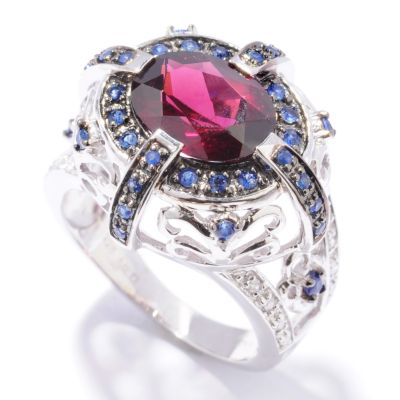 Sterling Silver / Platinum Rhodolite, Blue Sapphire & Diamond Ring