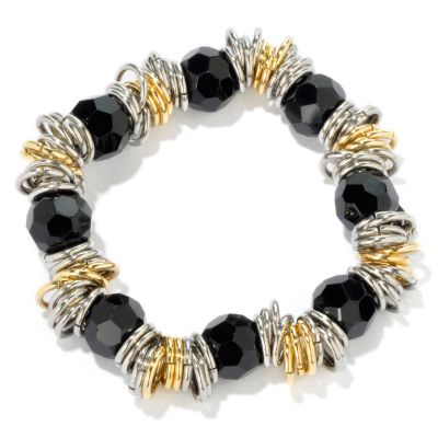 Stainless Steel / Yellow 6" Black Onyx Beads & Rings Bracelet