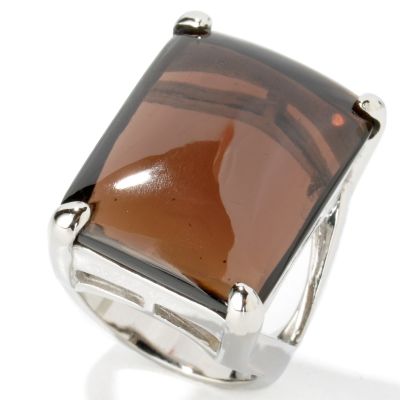 Stainless Steel Rectangular Smoky or Rose Quartz Cabochon Ring