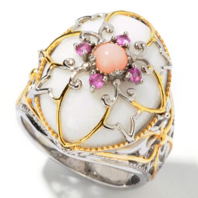 J311987 - Sterling Silver / Palladium / 18K Vermeil Onyx, White Jade or Stablized Turquoise Multi-Gem Ring