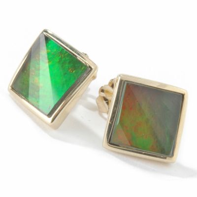 14K Gold Faceted Square Ammolite Earrings