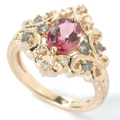 14K Gold Pink Tourmaline, Alexandrite & Diamond Ring