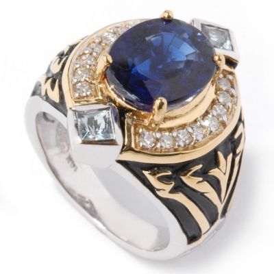 J312159 - 14K White / Yellow Gold Kyanite, Aquamarine & Diamond Black Enamel Ring