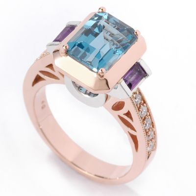 J312196 - 14K White / Rose Gold London Blue Topaz, Amethyst & Diamond Bridge Ring