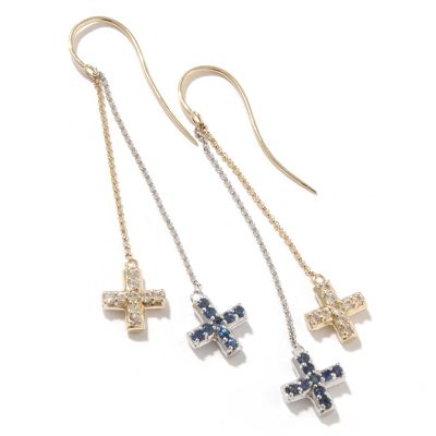 J312204 - 14K White / Yellow Gold Blue & White Sapphire Cross Dangle Earrings