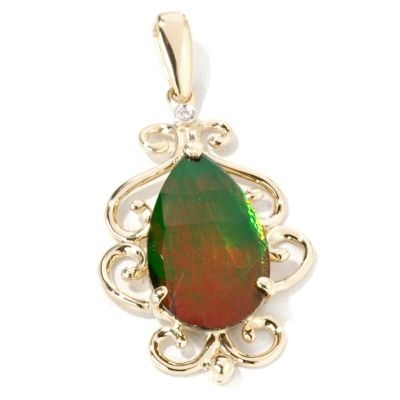 14K Gold Teardrop Ammolite & Diamond Pendant