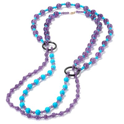 14K Gold 27" Amethyst, Turquoise & Onyx Necklace