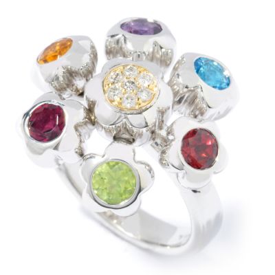 J313218 - Sterling Silver / 14K Yellow Gold Multi-Gemstone & Diamond Flower Ring