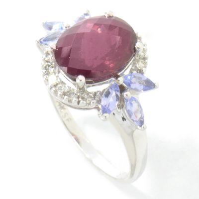 14K White Gold Rhodolite Garnet, Tanzanite & Diamond Ring