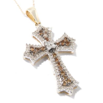 J313438 - 14K Gold 1.00ct Cocoa & White Diamond Cross Pendant w/ Chain