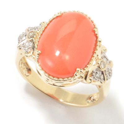 14K Gold Japanese Momo Coral & Diamond Ring