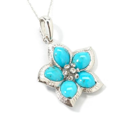14K White Gold Turquoise & White Sapphire Flower Pendant w/ 18" Chain