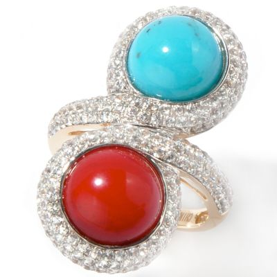 J313628 - 14K Gold Bamboo Coral, Turquoise & White Sapphire Bypass Ring