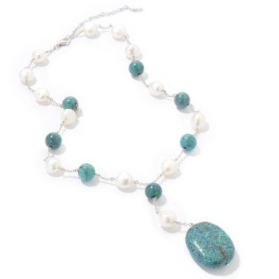 14K White Gold 17" Turquoise & Cultured Pearl Necklace w/ 2" Extender