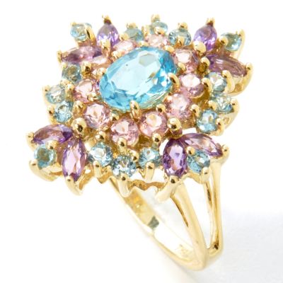 14K Gold Swiss Blue Topaz, Pink Tourmaline & Amethyst Ring