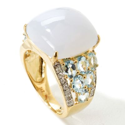 14K Gold Chalcedony, Aquamarine & Diamond Ring