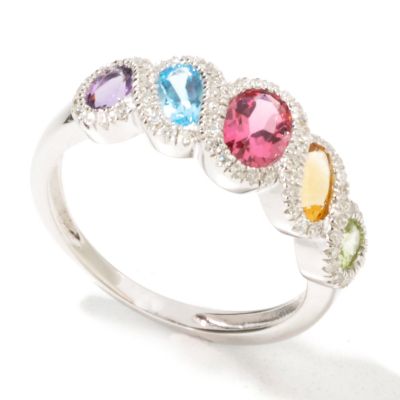 14K White Gold Multi-Gem & Diamond Band Ring