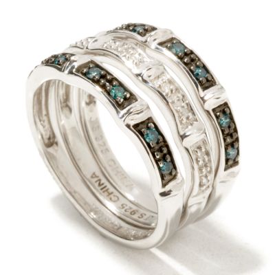 J313929 - Sterling Silver Set of Three Blue & White Diamond Stacker Rings