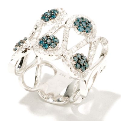 J313956 - 14K White Gold 1.29ct Blue & White Diamond Flower Clusters Ring