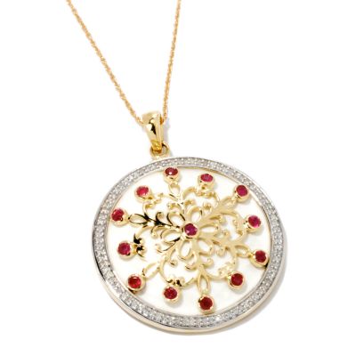 J313987 - 14K Gold Ruby & Diamond White Enamel Pendant w/ Chain