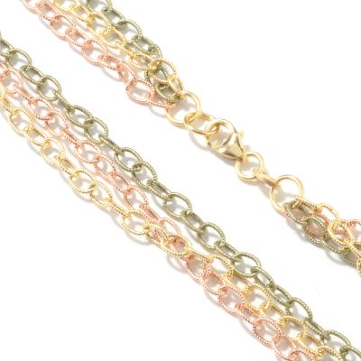 14K Yellow, Rose & Green Gold 18" Triple Strand Textured Oval Link Necklace