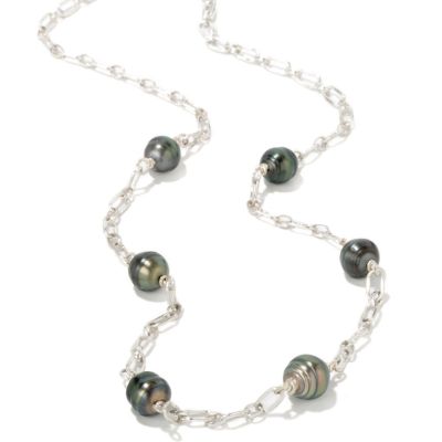 Sterling Silver 20" Cultured Tahitian Pearl Station Necklace