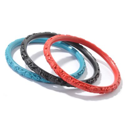 7.75" Red, Blue & Black Carved Cinnabar Bangle Bracelet Set of Three