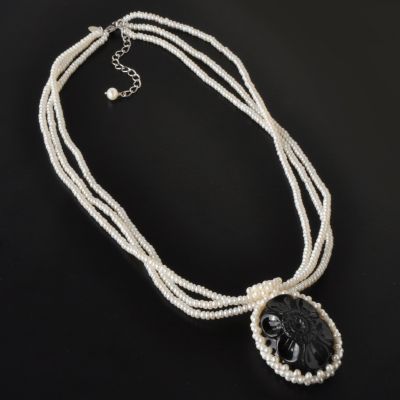 Sterling Silver 18" 3-4mm Freshwater Cultured Pearl & Onyx Necklace
